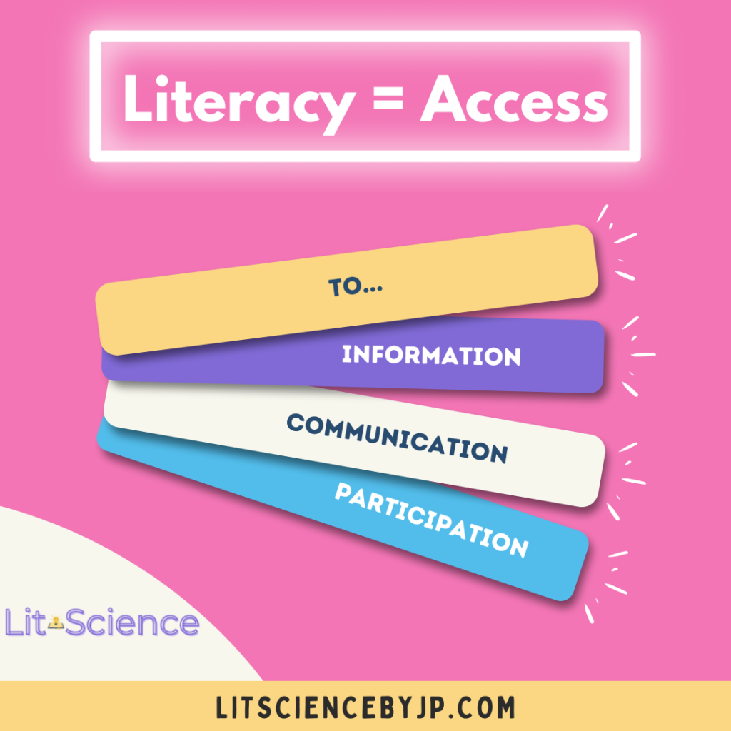Literacy = Access to information, communication, and participation. 